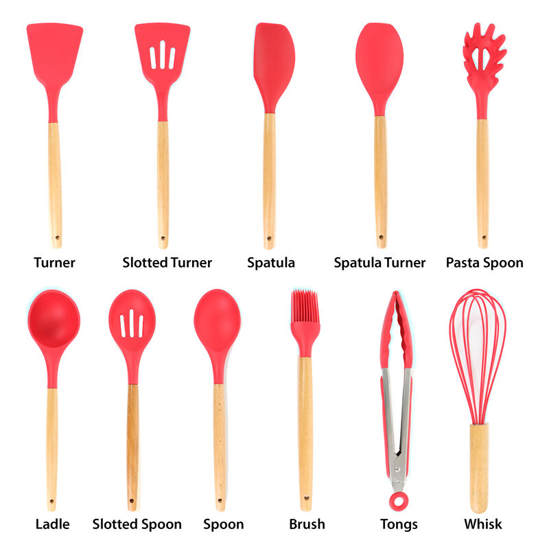 MegaChef Red Silicone and Wood Cooking Utensils, Set of 12