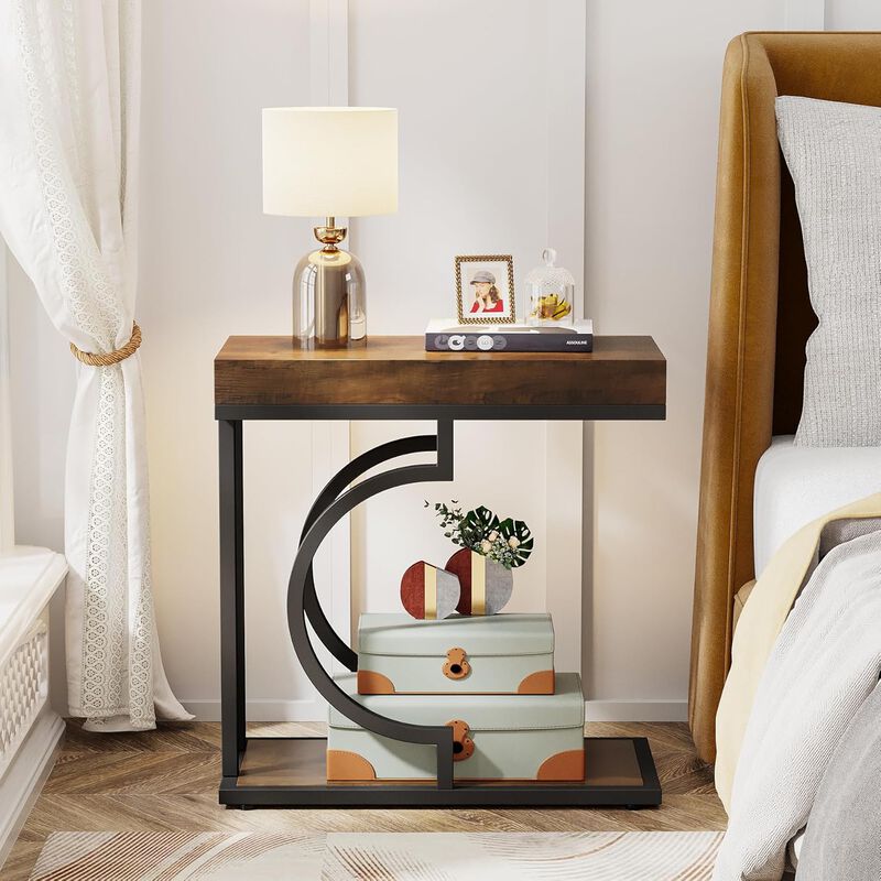 Tribesigns Narrow C Table, Modern End Table and Bedside Table with Metal Frame, Faux Marble Side Table for Living Room and Bedroom, Small Sofa Table, Brown and Black, Holds 22 lb image number 3
