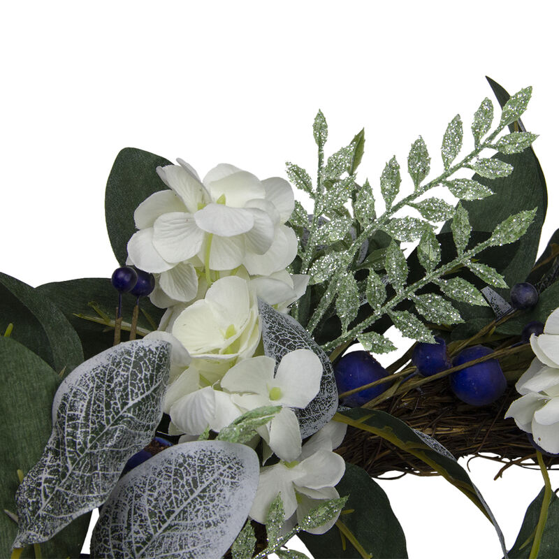 Iced Hydrangeas  Blueberries  and Foliage Artificial Christmas Wreath - 26 Inch  Unlit