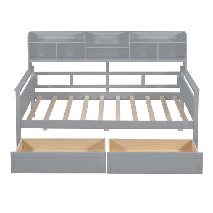 Twin size Daybed, Wood Slat Support, with Bedside Shelves and Two Drawers, Gray