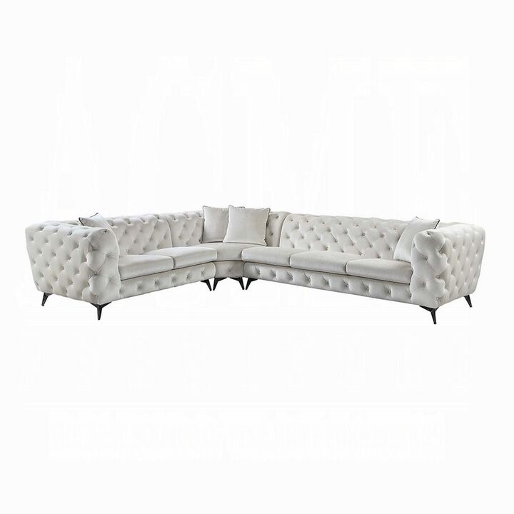 Ronia Sectional Sofa, 4 Throw Pillows, Tufted Ivory White, 133 Inch - Benzara
