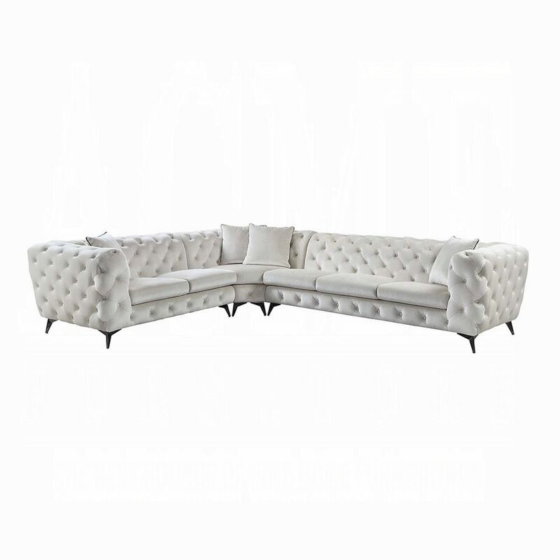 Ronia Sectional Sofa, 4 Throw Pillows, Tufted Ivory White, 133 Inch - Benzara
