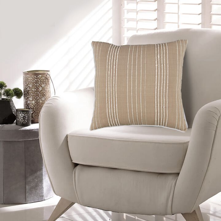 Throw Pillow Set of 4, 20 Inch Square, Cotton, White Stripes, Brown - Benzara