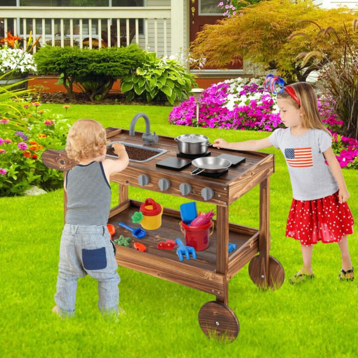 Hivvago Outdoor Movable Mud Kitchen with 2 Rolling Wheels and 1 Push Handle