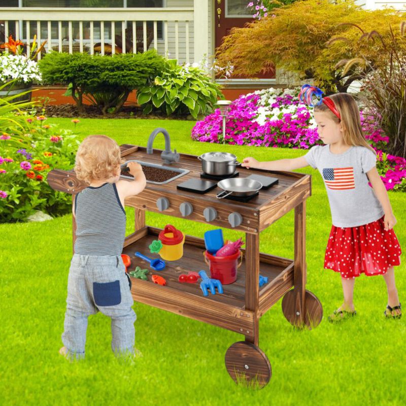 Hivvago Outdoor Movable Mud Kitchen with 2 Rolling Wheels and 1 Push Handle