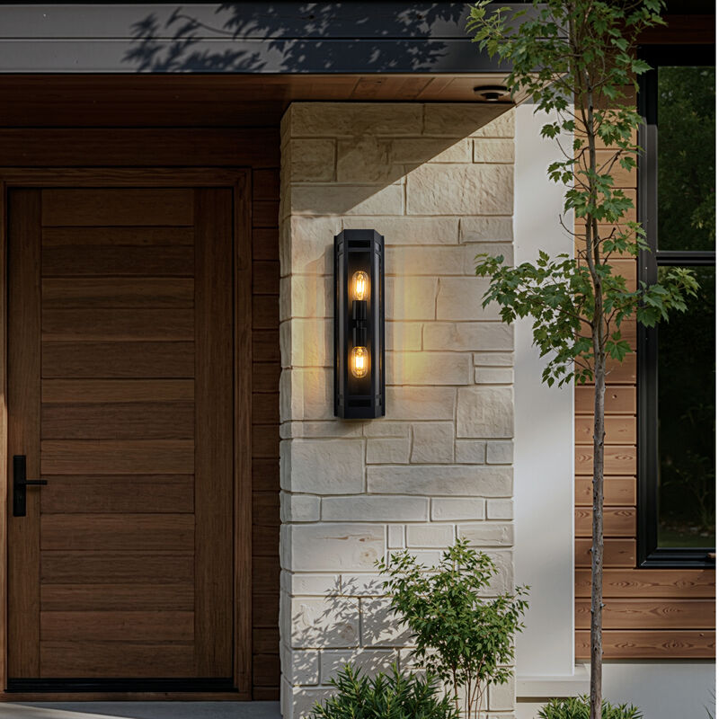 2-Light H20" Modern Black Outdoor Wall Light with Dusk-to-Dawn Sensor and Clear Tempered Glass Weather-Resistant Front Door Garage Exterior Lighting Fixture image number 2