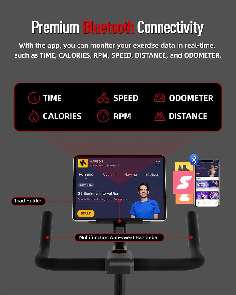 HARISON Magnetic Exercise Bike for Home 380 LB Capacity with Bluetooth, Stationary Bike with iPad Holder (HR-X12 Black) image number 5