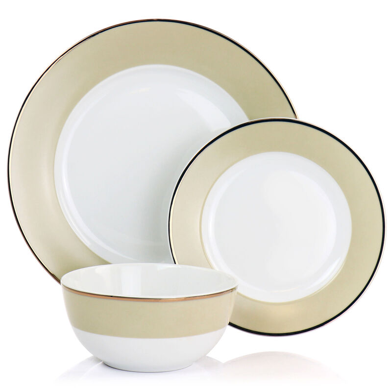 Martha Stewart Gold Rimmed 12 Piece Fine Ceramic Dinnerware Set in Beige image number 2