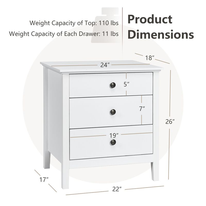 Nightstand Beside End Side Table Organizer with 3 Drawers