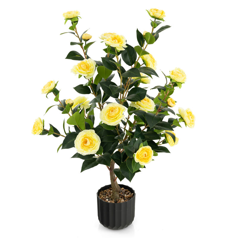 38 Inch Artificial Camellia Tree Faux Flower Plant in Cement Pot 2 Pack