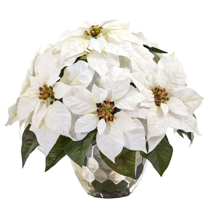 Nearly Natural 14-in Poinsettia Arrangement in Designer Silver Bowl