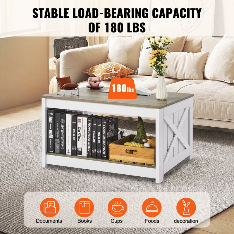 Farmhouse Coffee Table Square Table with Open Storage Compartment