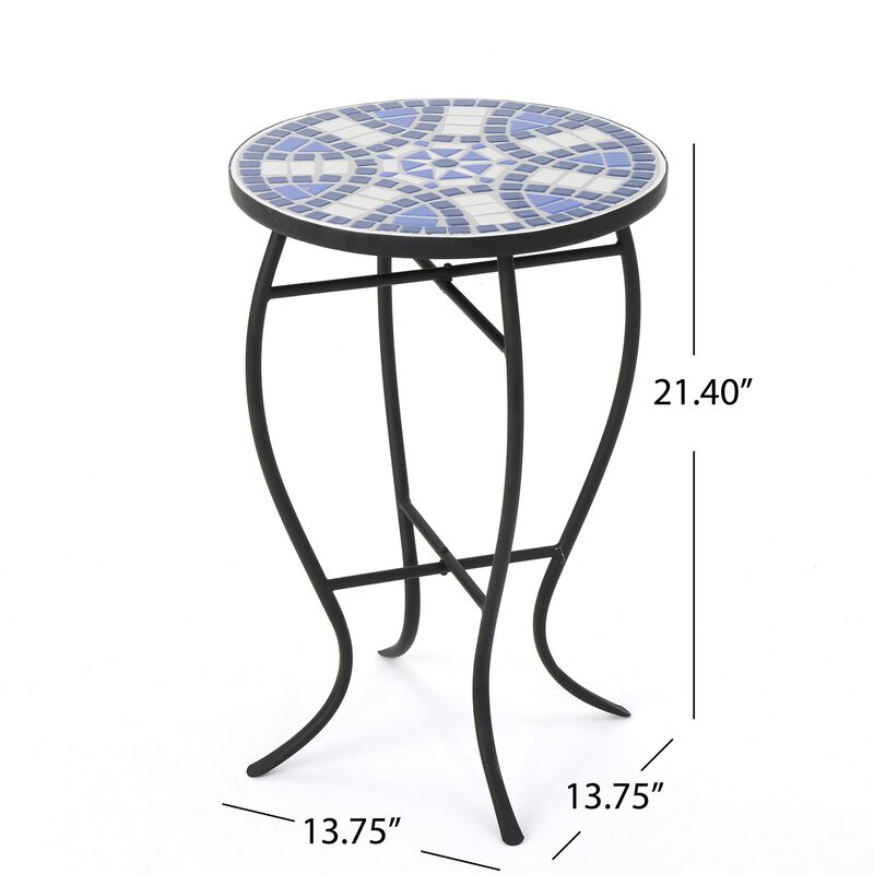 Outdoor Side End Table, 14 Inch Round Blue, White Mosaic Ceramic Top - Benzara image number 4