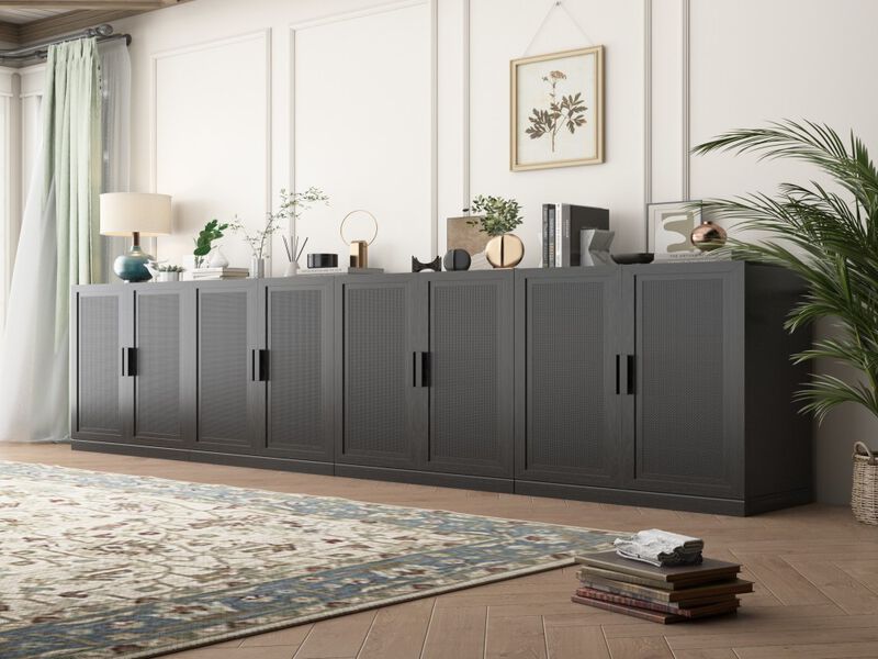 72" High Black Wicker Door Wood Grain Decorative Storage Cabinet with 12 Shelves image number 3