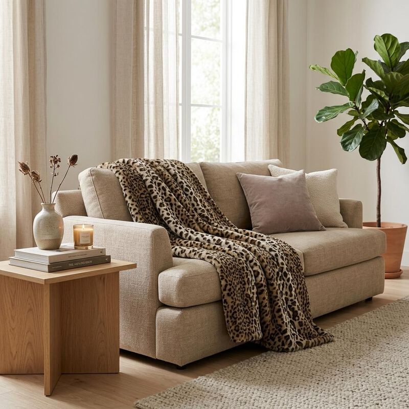 HomeRoots 50" X 60" Black Brown And Beige Leopard Faux Fur Plush Throw Blanket image number 1