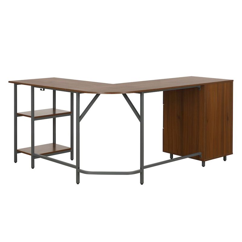 Techni Mobili L-Shape Home Office Two Tone Desk with Storage, Walnut