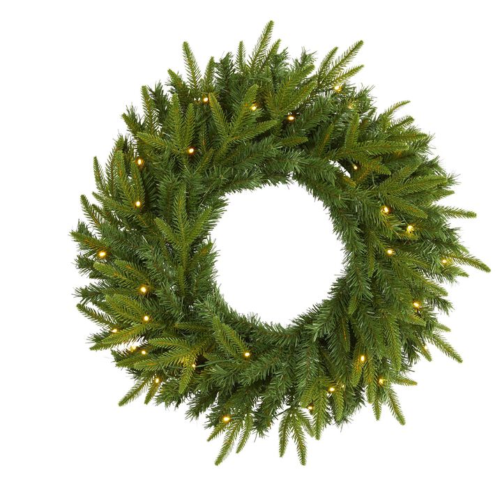Nearly Natural 24-in Long Pine Artificial Christmas Wreath with 35 Clear LED Lights