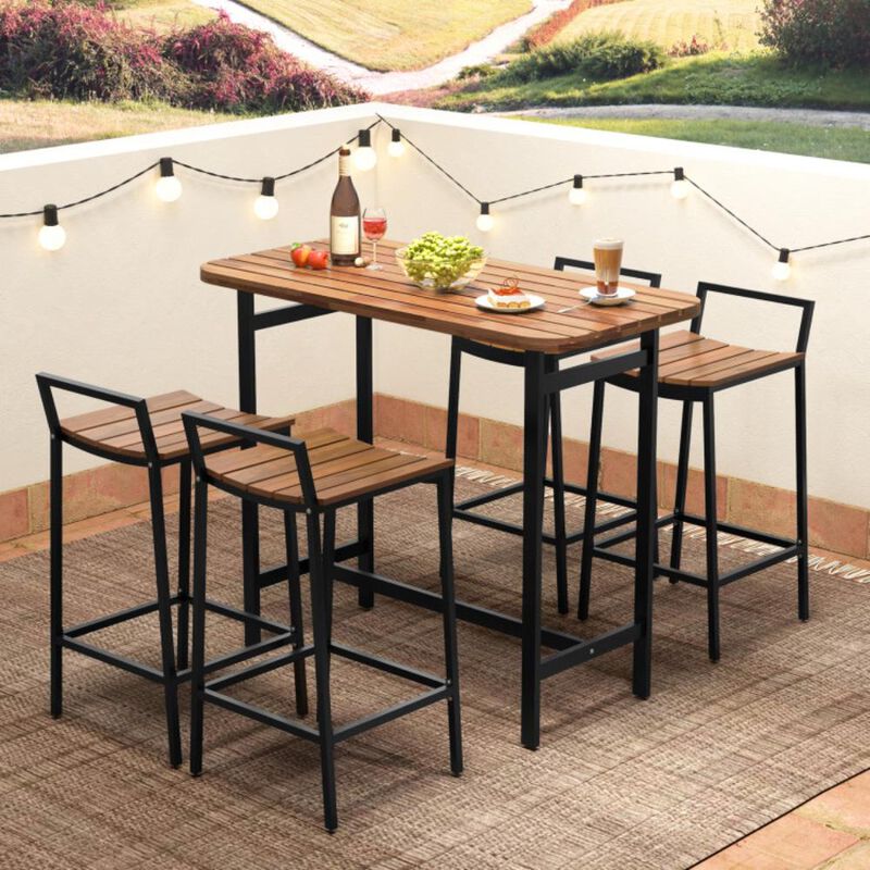Hivvago 5 Piece Acacia Wood Bar Table Set Bar Height Table and Chairs with Metal Frame and Footrest