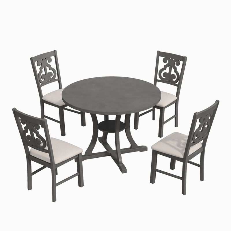 Whisen 5-Piece Retro Round Dining Table Set with 4 Chair and Special-shaped Legs - Antique Blue/ Dark Brown