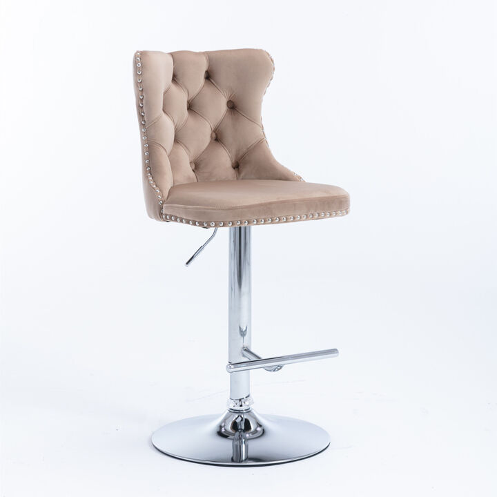 Streamdale Adjustable Khaki Velvet Bar Stools, Set of 2