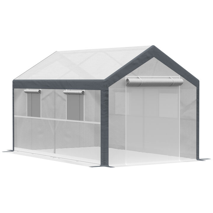 Outsunny 12' L x 7' W x 7' H Walk-in Outdoor Tunnel Greenhouse, PE Cover, Steel Frame, 2 Roll-Up Zipper Doors & 4 Windows for Flowers, Vegetables, Tropical Plants, White/Dark Gray