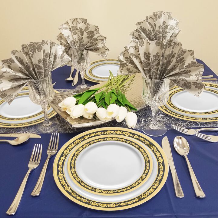 White with Black and Gold Royal Rim Plastic Dinnerware Value Set (40 Sets)