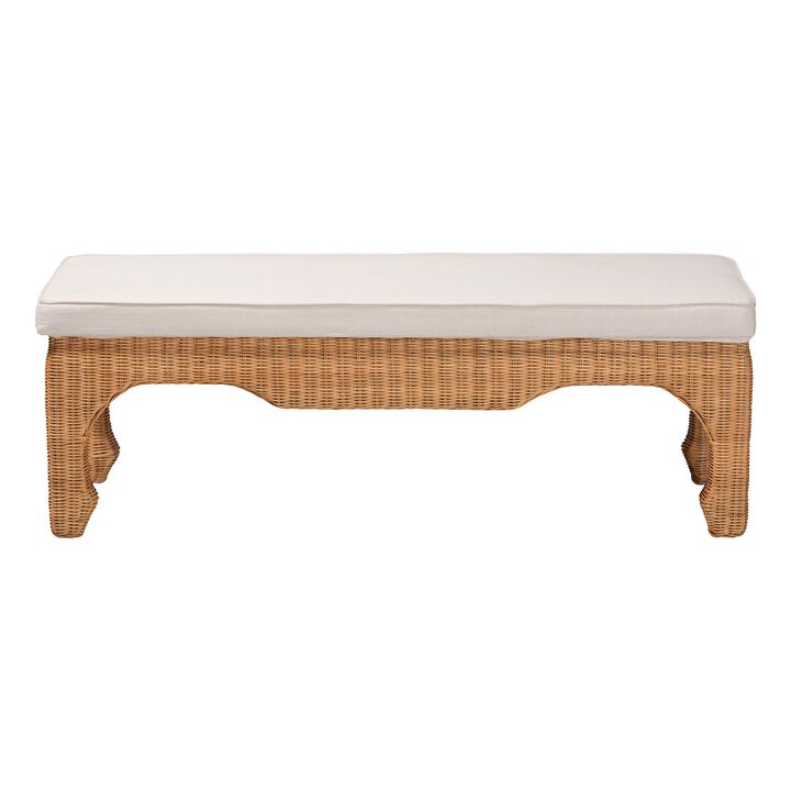 bali & pari Abena Ming Style Natural Rattan Bench with Cushion - Boho Chic Accent Seating for Entryway, Bedroom, or Living Room