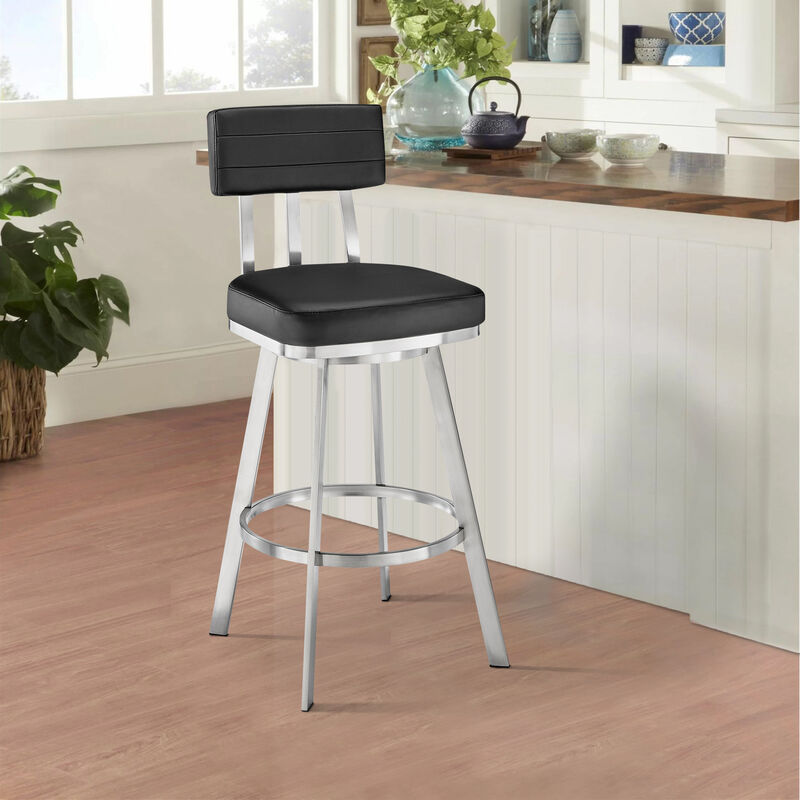 Col 26 Inch Swivel Counter Stool, Black Faux Leather, Stainless Steel Frame - Benzara image number 6