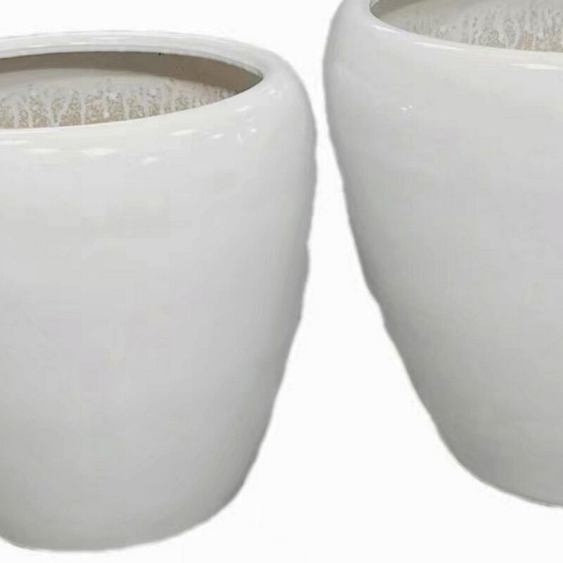 Garden Planter Set of 2, Modern Bowl Shaped Flower Pot, White Ceramic - Benzara