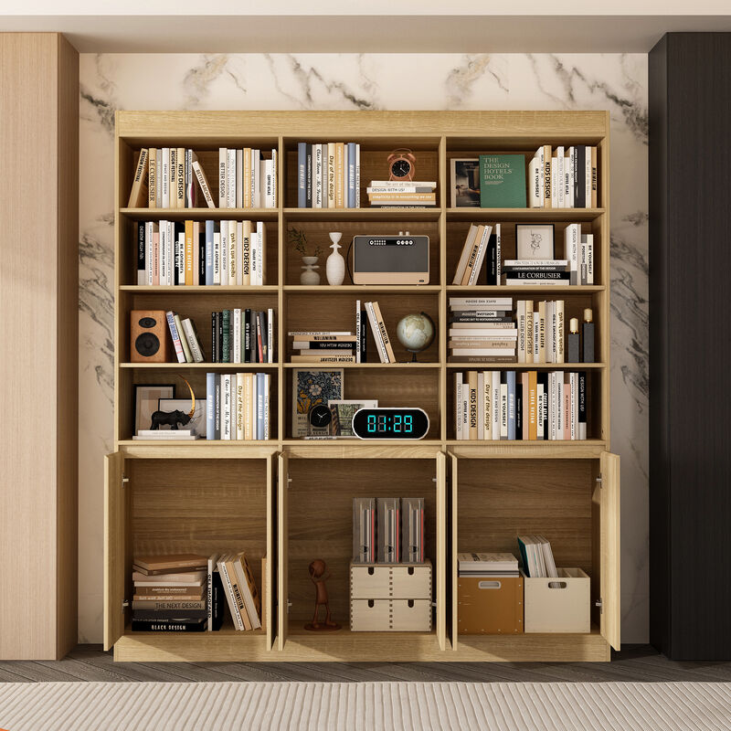 FUFU&GAGA Modern 12-Shelf Wooden Bookcase with 6 Doors, Brown Textured Finish (70.9''W x 12''D x 78.7''H) image number 2