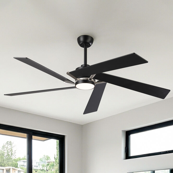 60" Modern Industrial Matte Black Reversible Dimmable 5 Aero Blades Ceiling Fan with Light and Remote