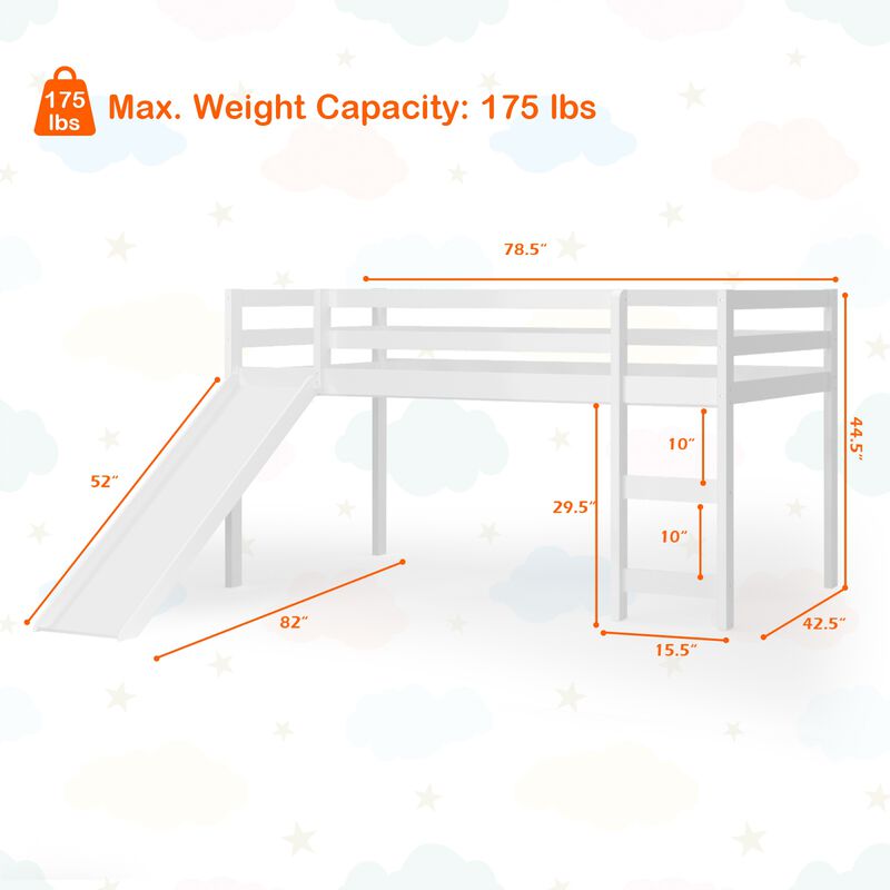 Twin Size Low Sturdy Loft Bed with Slide Wood