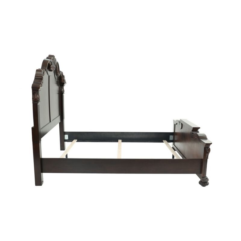 Splendidly Carved Queen Wooden Bed, Dark Walnut And Veneer Finish - Benzara