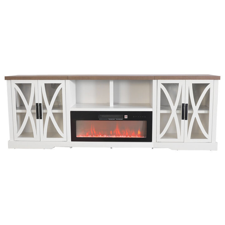 93" Farmhouse White TV Stand with 36" Insert Electric Fireplace Heater, Open Storage Shelves and Cabinets Media Console for TVs up to 85"
