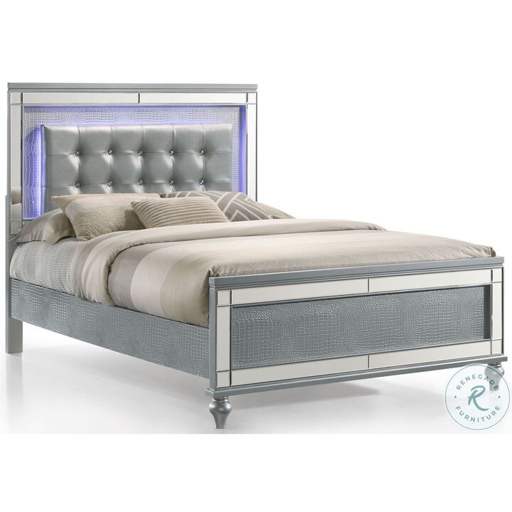 Lee Queen Size Bed, LED, Tufted Faux Leather Upholstery, Textured Silver - Benzara