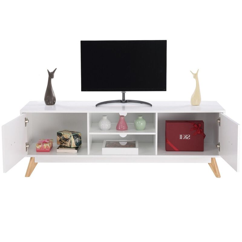 Hivvago Modern Mid Century Style White TV Stand with Wood Legs