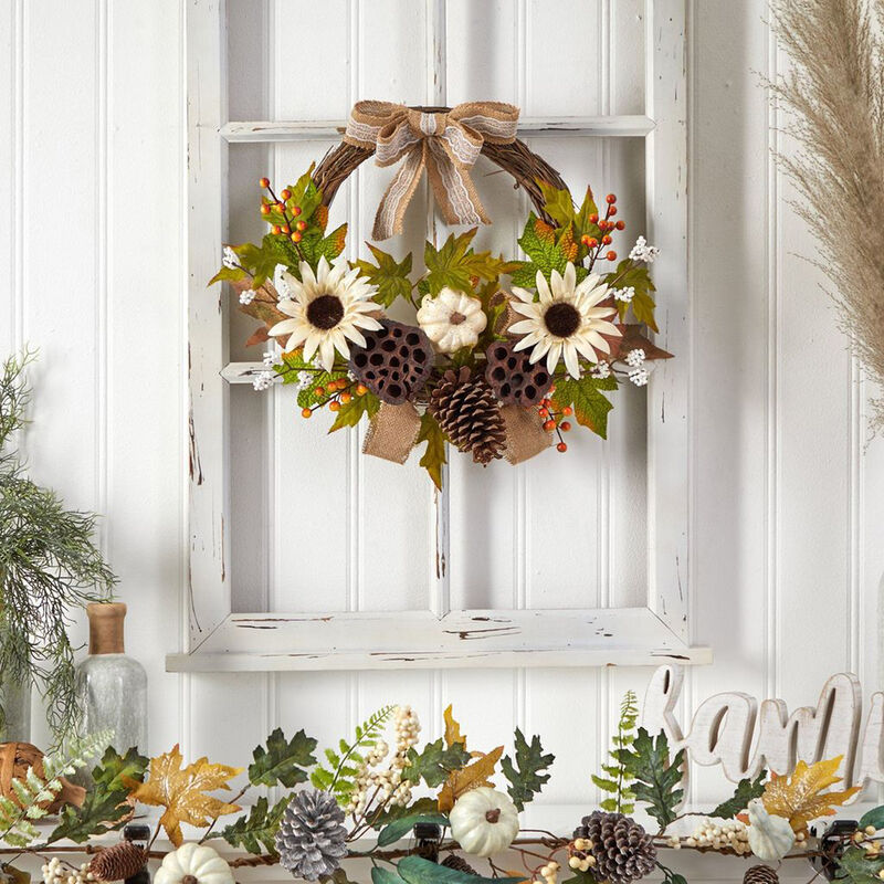 Nearly Natural 20-in Autumn Sunflower, White Pumpkin and Dried Lotus Pod Artificial Fall Wreath with Decorative Bow
