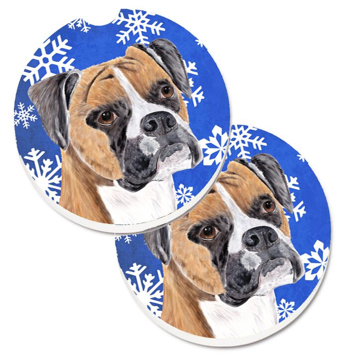 Caroline's Treasures Boxer Winter Snowflakes Holiday Set of 2 Cup Holder Car Coasters SC9390CARC, 2.56, Multicolor