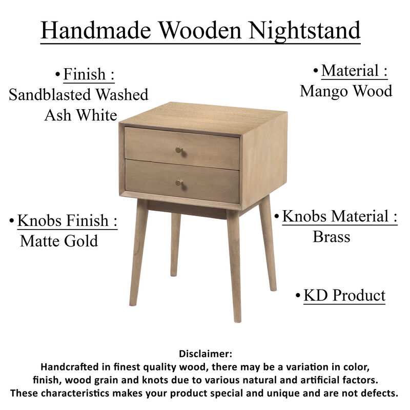Nali Bedside Nightstand Table, 2 Drawers, Sandblasted Washed Ash White Mango Wood, Brass Knobs
