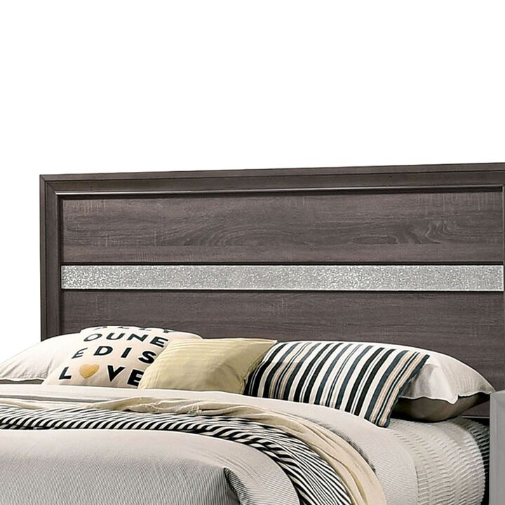 Queen Bed with Plank Headboard and 2 Drawers, Brown and Silver-Benzara