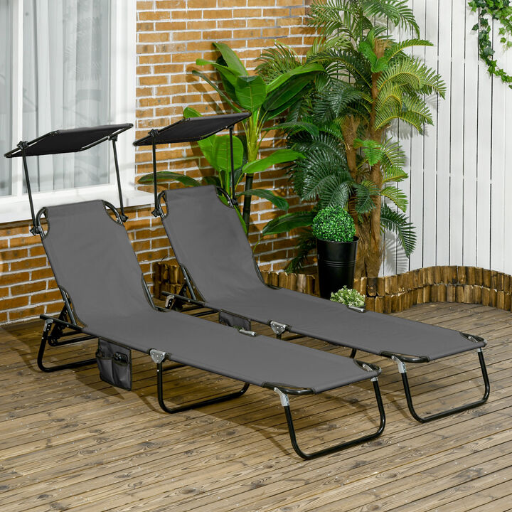 Outsunny 2-piece Chaise Lounge with Adjustable Backrest and Sunshade, Dark Gray