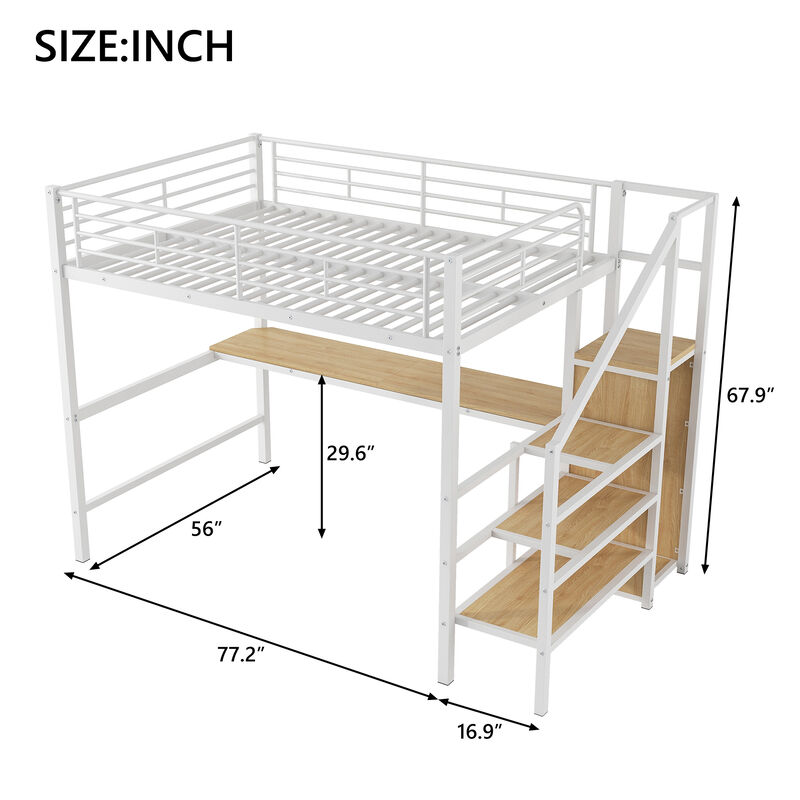 Whisen Full Size Metal Loft Bed with Desk, Storage Staircase, Small Wardrobe and LED Light