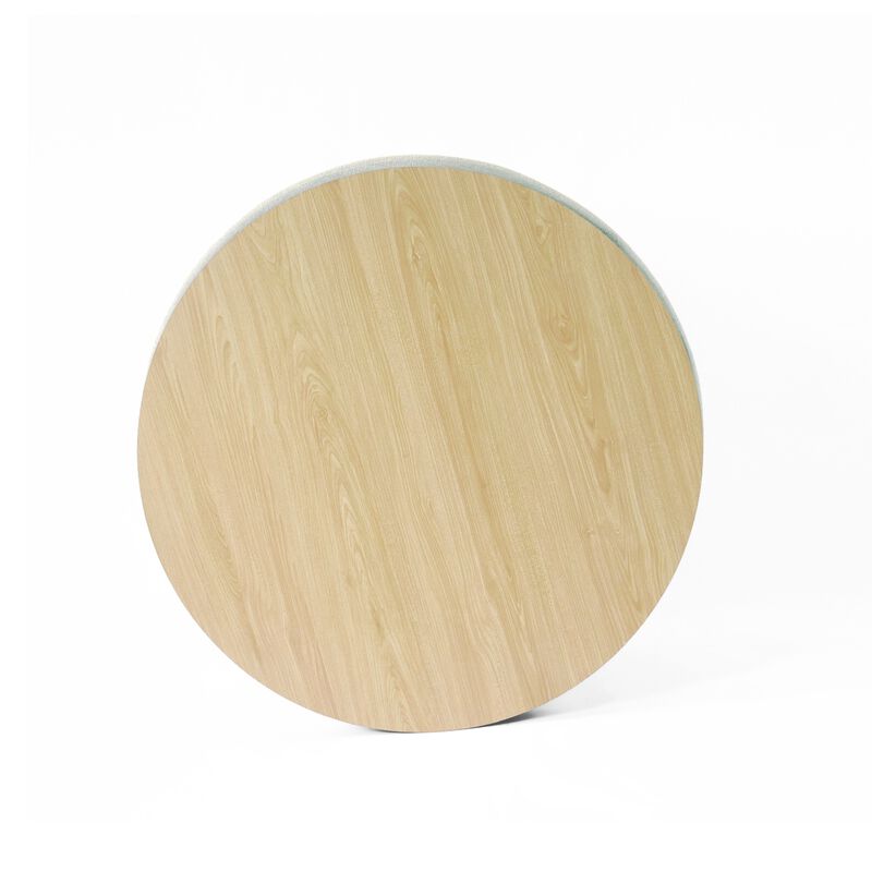 Mesy Storage Ottoman, 30 Inch Round Lift Tray Top, Light Gray Woven - Benzara