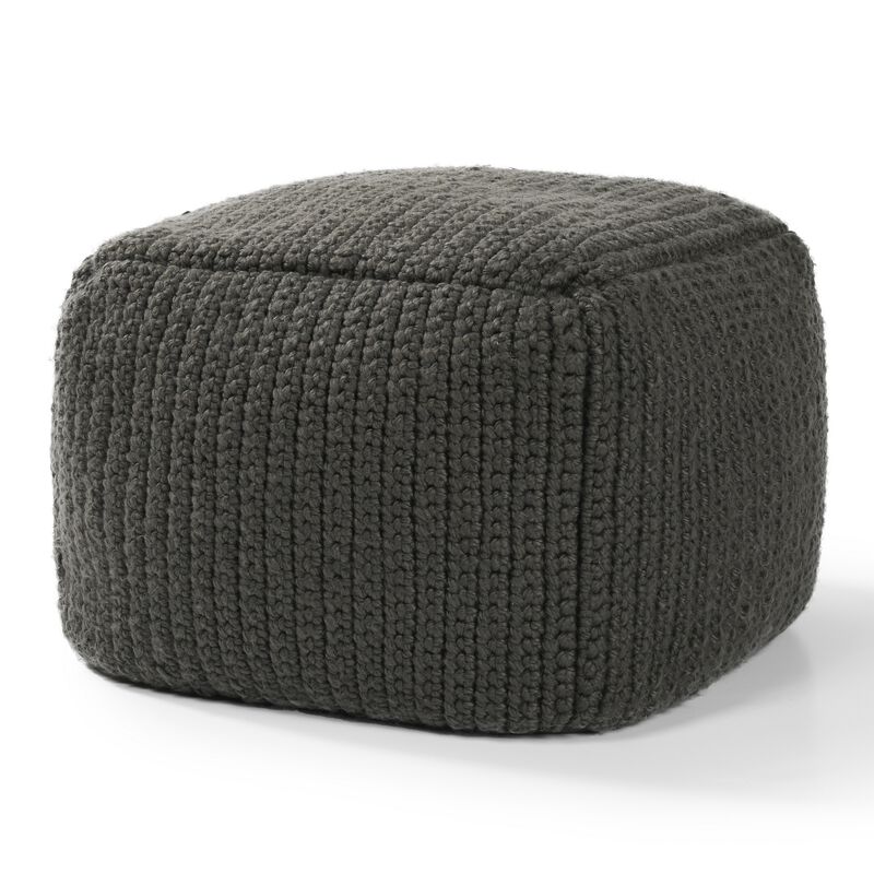 Square Pouf Ottoman, 18 Inch Handwoven Knitted Dark Gray Polyester - Benzara