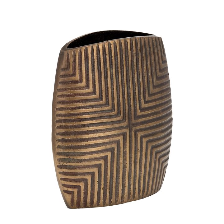 Ako 10 Inch Vase, Modern, Ribbed Body Design, Curved Top, Antique Brass - Benzara