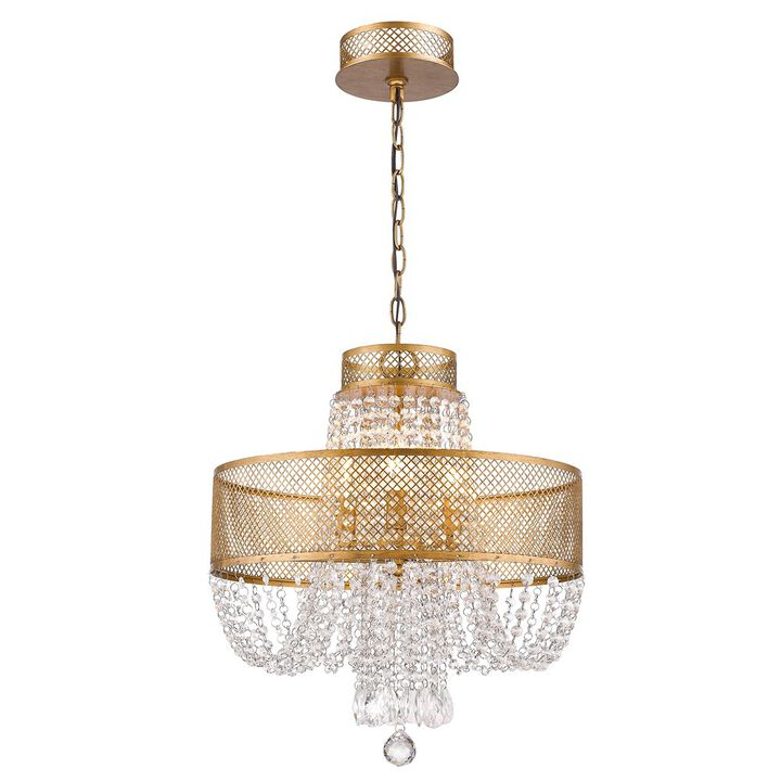 HomeRoots Gold Four Light Metal and Crystals Dimmable Chandelier With Shades
