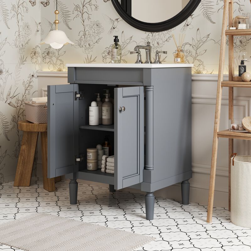 24" Freestanding Bathroom Vanity with Ceramic Sink, 2-Tier Storage Cabinet, 2 Soft-Close Doors image number 2