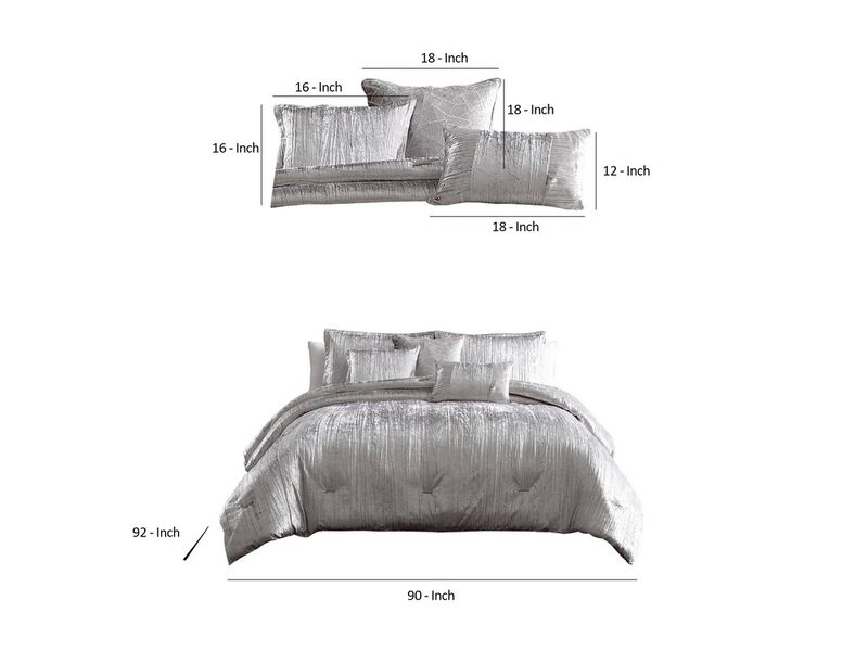 Queen Size 7 Piece Fabric Comforter Set with Crinkle Texture, Silver - Benzara