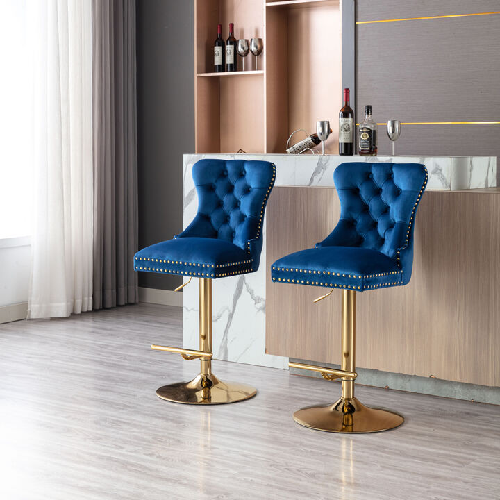 Swivel Bar Stools Chair Set of 2 Modern Adjustable Counter Height Bar Stools, Velvet Upholstered Stool with Tufted High Back & Ring Pull for Kitchen, Chrome Golden Base, Black