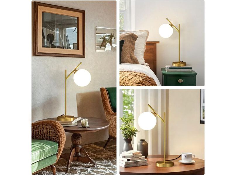 Mid Century Modern Brass Table Lamp with Glass Globe Shade for Bedroom image number 1